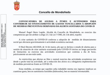 Ayudas del Ayuntamiento de Mondoñedo para pymes y autónomos con el fin de financiar gastos derivados de la covid-19