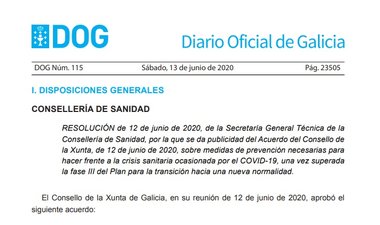 Publicadas en el DOG las medidas preventivas contra la covid-19 tras superar la Fase 3